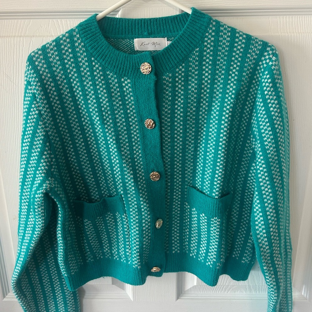 Teal and White Women's Sweater by Kwit Mix.